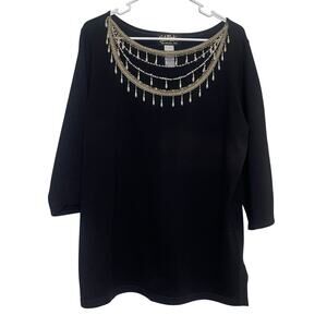 Bob Mackie Wearable Art Women's 3/4 Sleeve Black Embellished Sweater Mesh Beaded